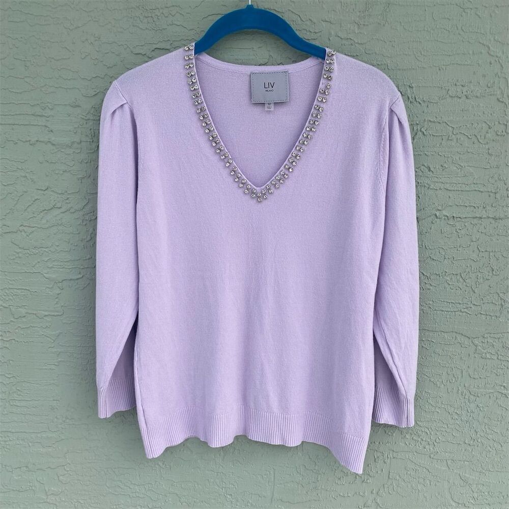 LIV Milano Women's V-Neck Sweater Purple M Decorative Trim Long Sleeve Pullover